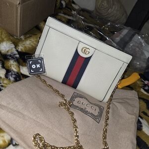 Gucci Womens White Leather Crossbody Bag with Signature Web Stripe
